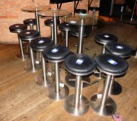 3 x glass top poseur tables, and 12 x brushed steel high stools