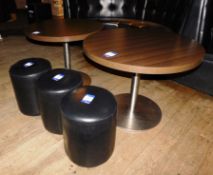 2 x Circular pedestal tables, 3ft, and 3 x black leather effect stools