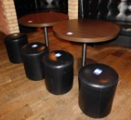 2 x Circular pedestal tables, 3ft, and 4 x black leather effect stools