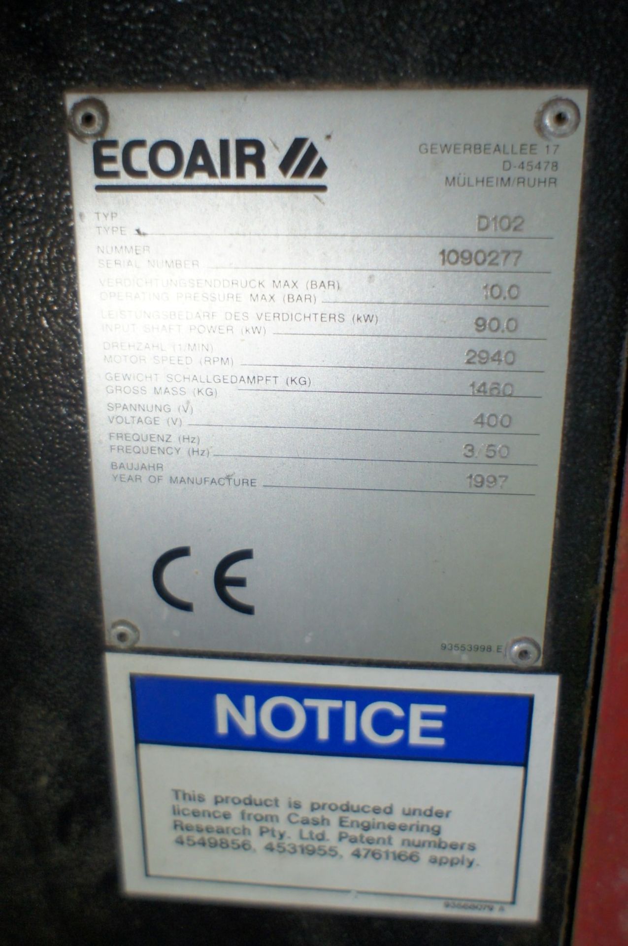 * EcoAir D102 packaged air compressor. Serial No 1090277, YOM 1997. 10Bars operating pressure. Hours - Image 4 of 6