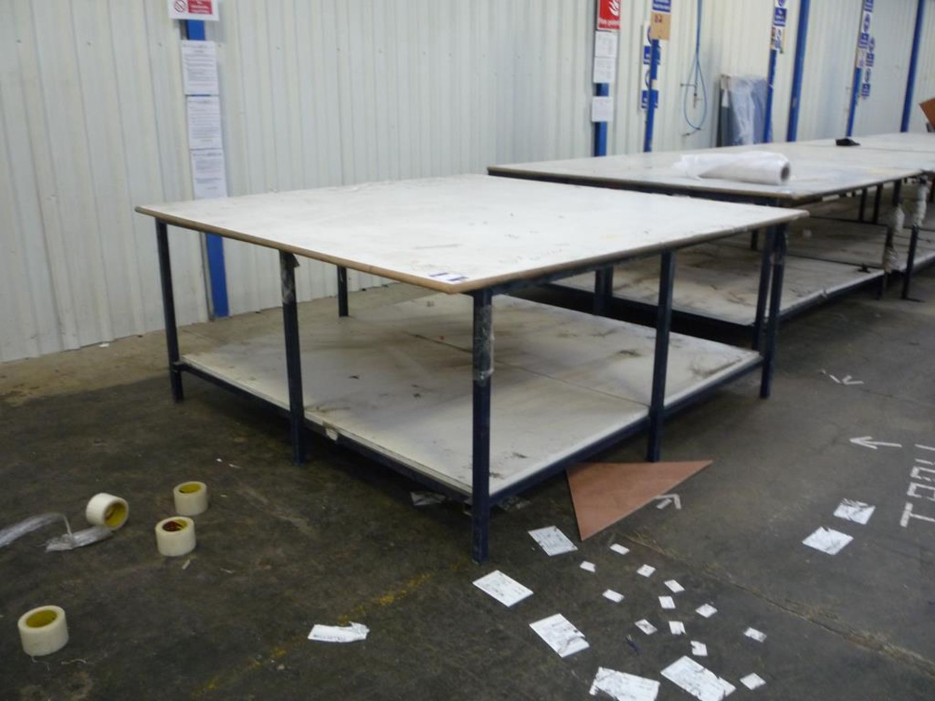 * 5 Wood Topped Fabricated Work Benches with undershelf 2100mm x 2050mm x 900mm high. Please note