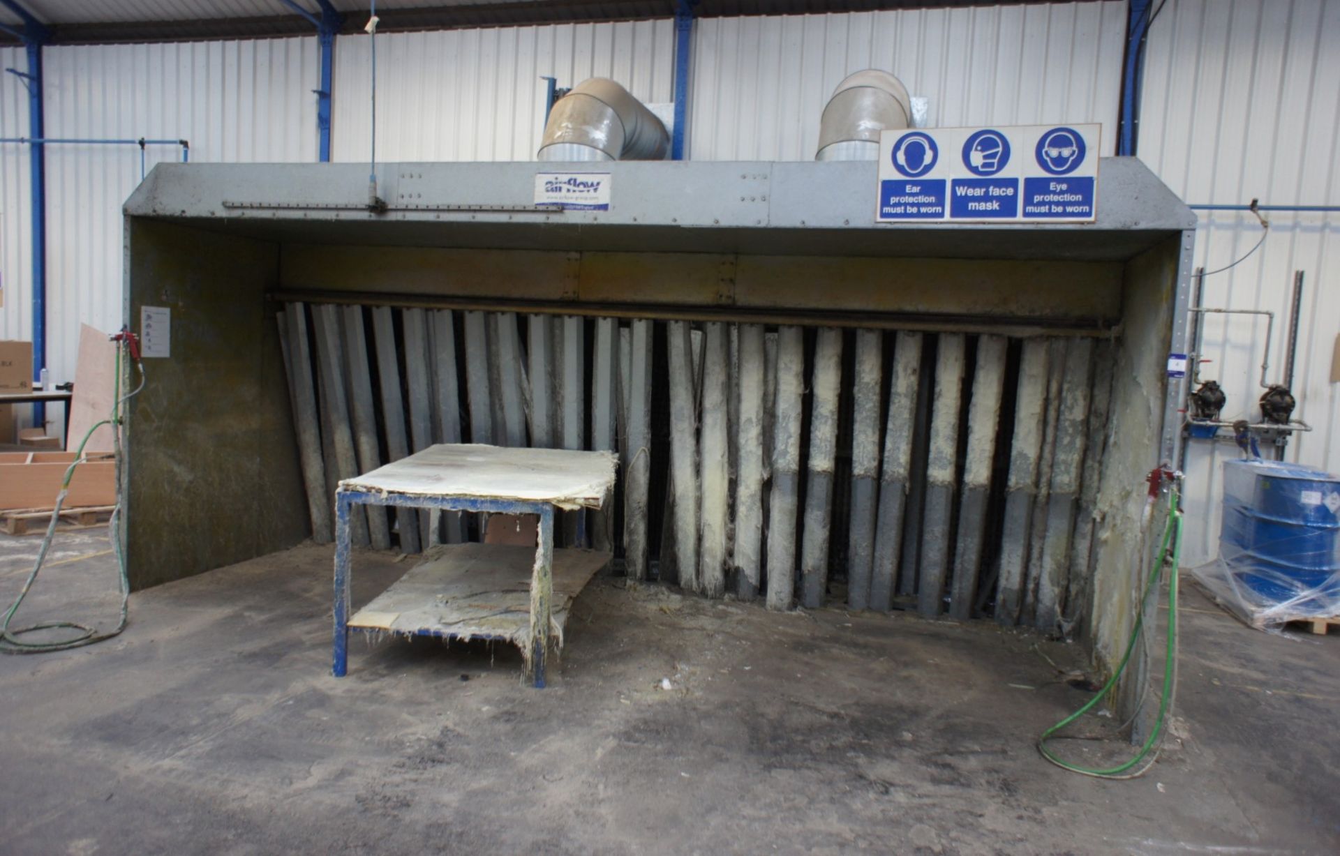 * Air Flow Glue Booth with double fan extraction approx 2500 H x 3400 D x 5600mm. Buyer to dismantle