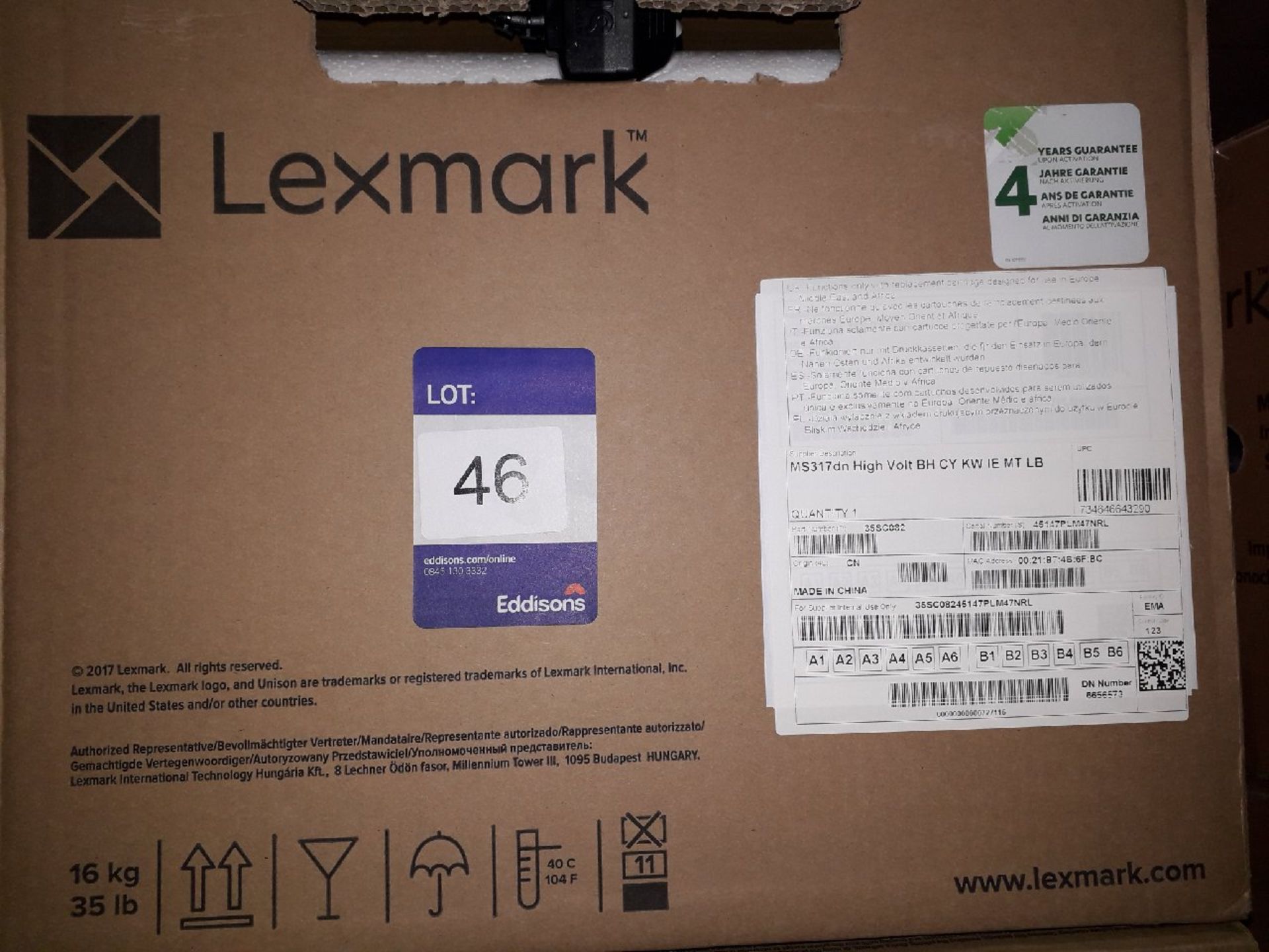 Lexmark model MS317DN monochrome laser printer, boxed new, serial number 45147PLM47NRL