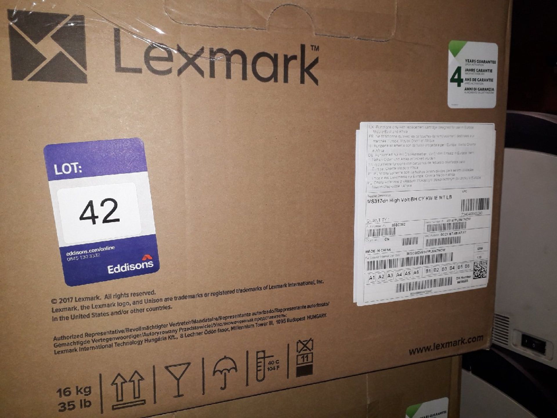 Lexmark model MS317DN monochrome laser printer, boxed new, serial number 45147PLM47NCV