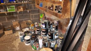 Contents to room, including assortment of paints, silicone, and ironmongery