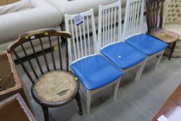 A Victorian Lath Back Kitchen Chair, a Set of Three Spindle Back Dining Chairs, a Nest of Tables and
