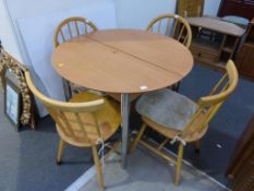 A Circular Plain Top extending Dining Table on Metal Supports 90cm Diameter together with a
