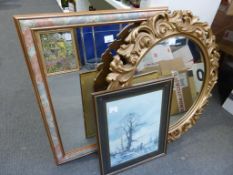 Floral Framed Mirror, Ornate Circular Mirror and Alwyn Crawshaw Print (est £10-£20)