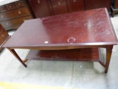 A Stag type Mahogany two-tier Coffee Table 120cm (together with Two Three Drawer Bedside Chests) (