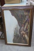 A Large colour print of a Mountainous Landscape Scene with Cattle (caved Oak Frame) 62 X 88cm