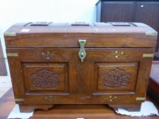 An Eastern Domed Top Blanket or Storage Chest with Carved and Brass inlaid decoration 60cms (est £