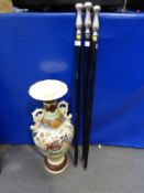 * Three Metal Topped Walking Sticks together with a large Oriental Vase (est £20-£40)