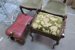 A Camel Stool, an Edwardian Piano Stool and a pair of Victorian Design Balloon back Single Chairs (