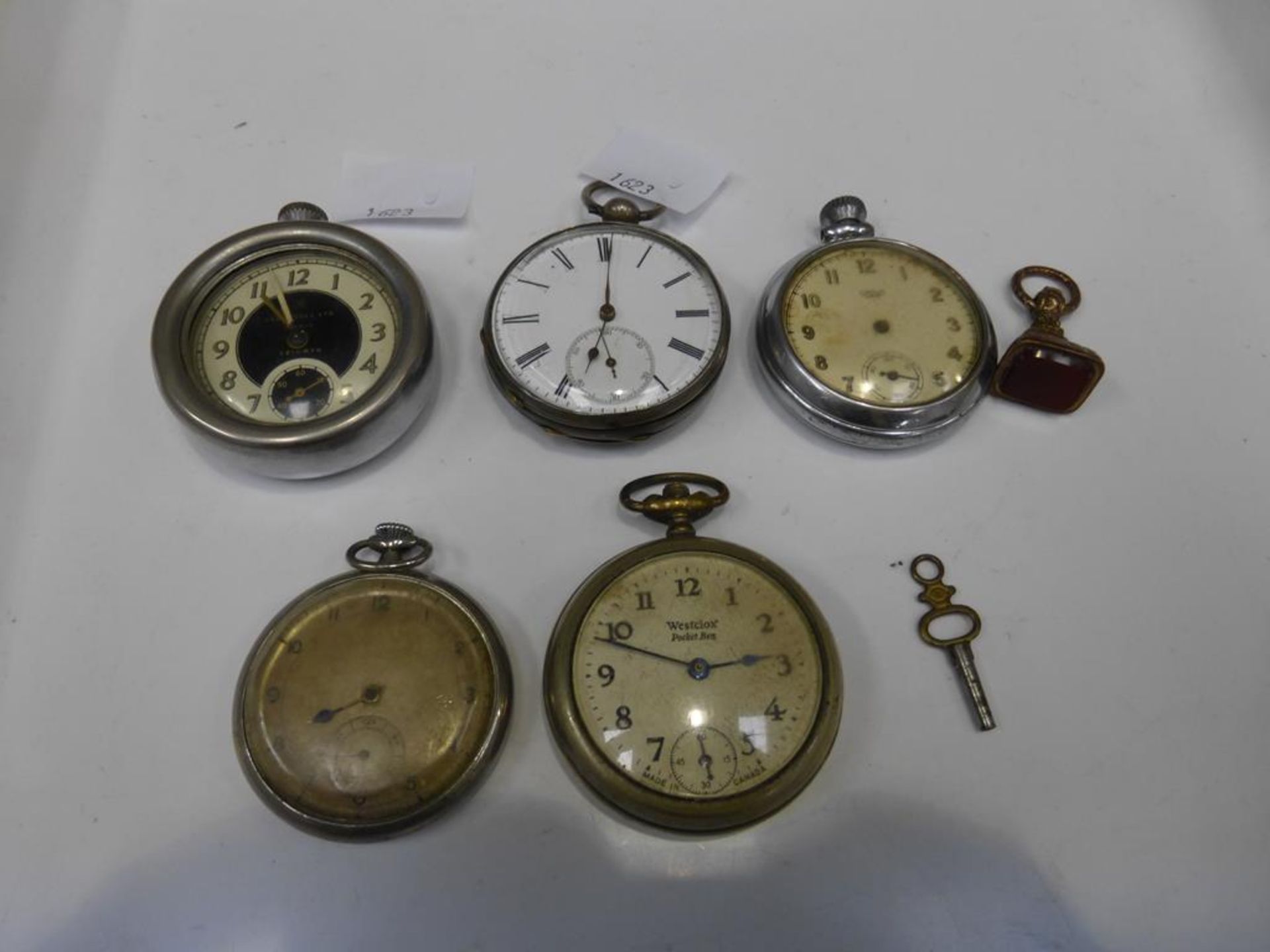 Five Pocket Watches, one Silver with Albert Fob (est £25-£50)