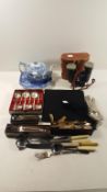 A miscellaneous lot including a Spode Teapot and Plate, Binoculars and a quantity of Plated