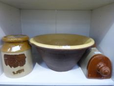 A large Earthenware Pancheon, a Stoneware Storage Jar and a similar Hot Water Bottle (3) (est 20-£