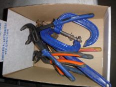 * Various G Clamps and Pipe Wrenches in box