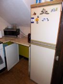 Kitchen equipment, Electrolux fridge freezer, kettle, microwave, toaster & shelving unit