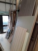 Large quantity of MDF lengths and worktops, and contents of bay to include quantity of doors