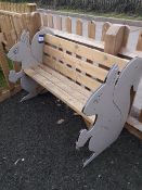 Park bench with squirrel character shaped ends