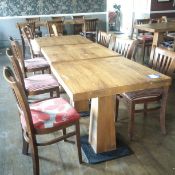 3 Solid wood tables 75x75x75cm each, 6 wood/fabric dining chairs