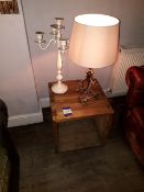 Solid timber corner table 50x50x50cm to include lamp and candelabra