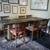 Dining table/chair set with 3 tables 75x75x75cm, to include 6 chairs. Tables wood on wooden stand,