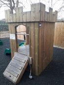 Children’s play area timber castle climbing structure/slide, manufactured and checked June 2018 by