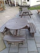 3 x Timber pub tables comprising 2x6 seat rectangle table/bench, 1 x 8 seat round table/bench