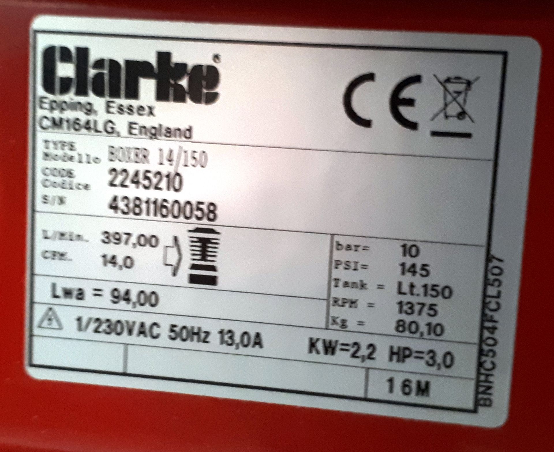 Clarke Boxer Air 14/150 CM164LG receiver mounted air compressor - Image 2 of 2