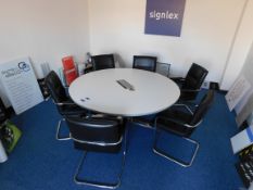 Circular table, and 6 x leather effect cantilever chairs, and whiteboard, to boardroom