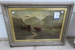 Charity Lot. An Oil on Canvas of Highland Cattle at a Stream by W J Crampton (1855-1935) in an