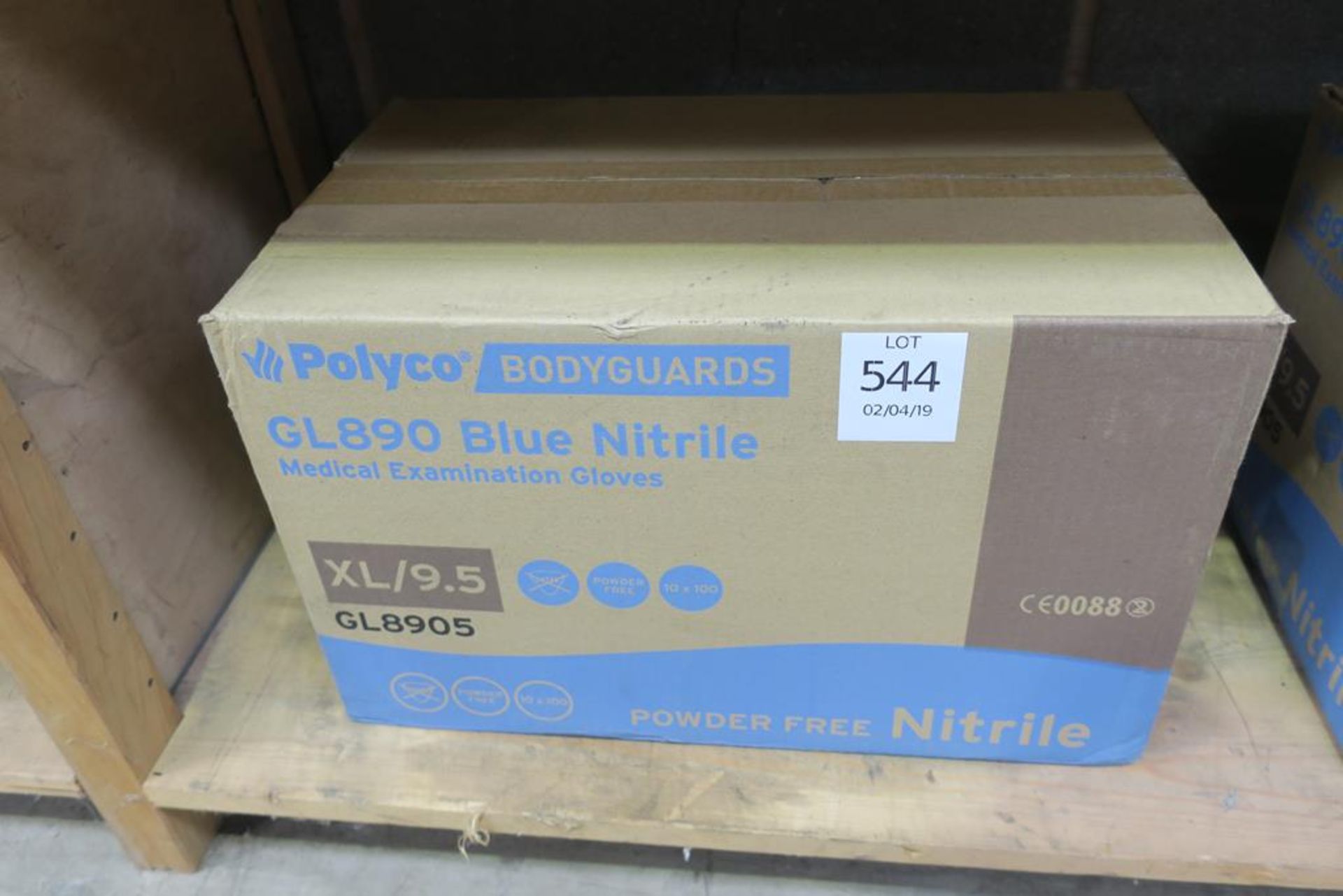 A box of Polyco GL890 Blue Nitrile Medical Examination Gloves Powder Free