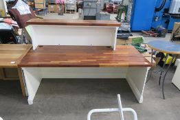 * A Solid Wood Topped Desk Unit with shelf together with a Small Round Tall Table and Cupboard.