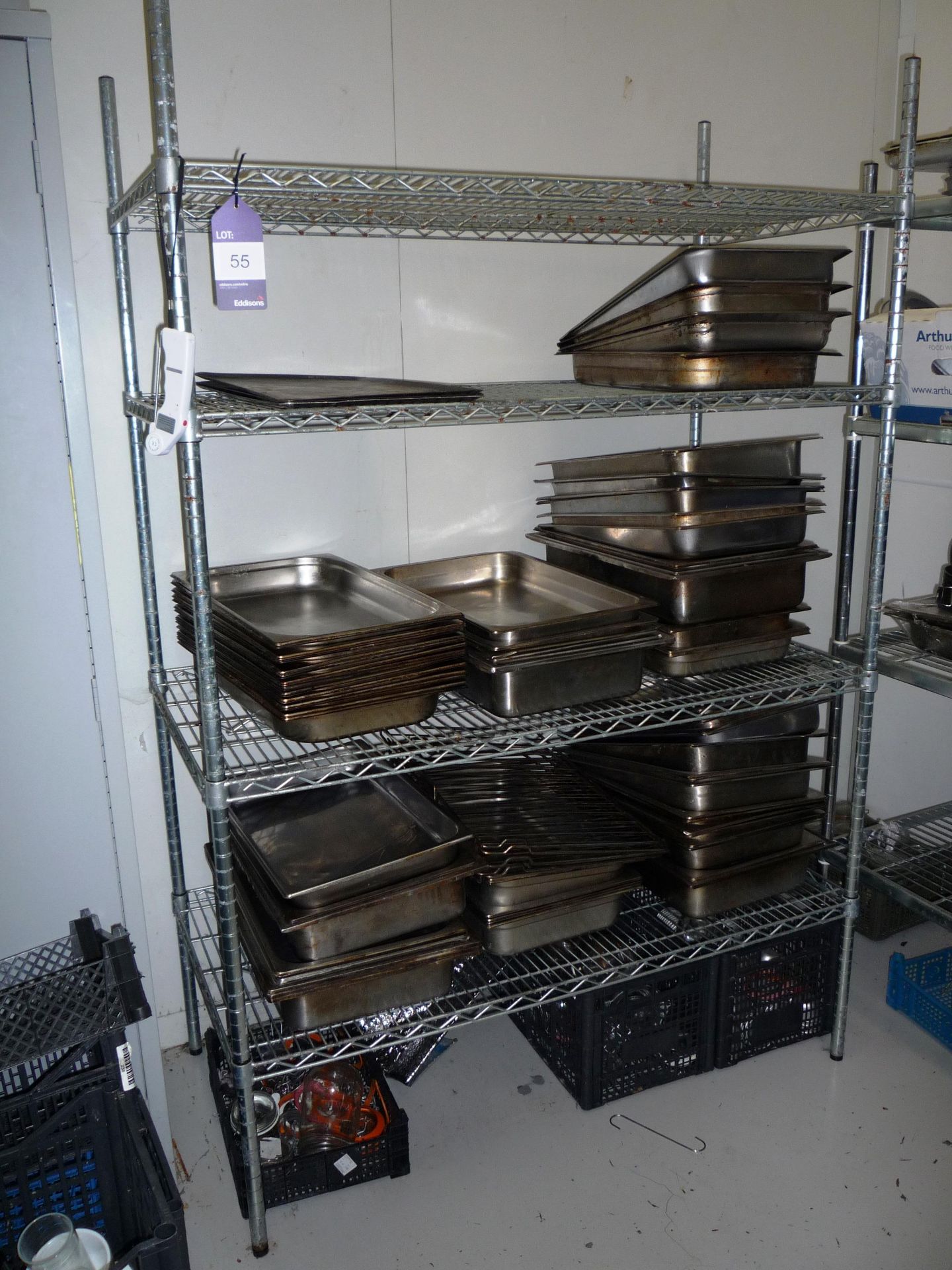 4 tier kitchen wire shelving and various gastronor