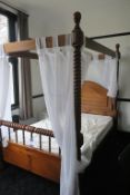 * Ornate Pine Double 4 Poster Barley Twist bed with Mattress and Net Curtains. This lot is located