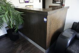 * Dark Oak Effect L Shaped Reception Desk (1830 x 1240 x 830) with Mobile Office Chair. This lot
