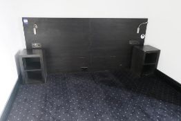 * Large Oak effect Bed Back Board with 2 x Two Shelved Bedside Cabinets. This lot is located in Room