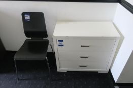 * White Melamine 3 Drawer Chest of Drawers and Dark Wood/Chrome Chair. This lot is located in Room