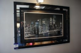 * Large Mirror Framed Bridge/Skyscraper Themed Art Work. This lot is located in the Dining Room
