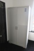 * White Melamine 3 Drawer Chest and White Melamine Double Wardrobe, Curtain Pole and Curtains.