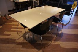 * 2 x PV Coated Corian Topped Bistro Tables (800 x 800mm) with 4 Painted Wood/Chrome Chairs (Cream