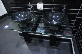 * 2 x Black Wash Basins on pedestals with Chrome Fittings and Glass Splash Shelf. This lot is