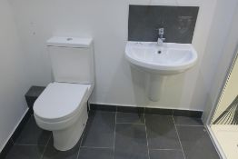 * Bathroom Suite comprising Large Shower Tray and Screen, Sink, Toilet and Heated Hand Rail. This