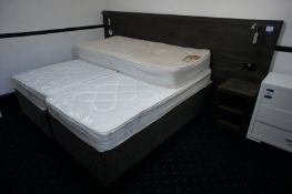 * 2 x Single Divan Beds with Mattresses and Dark Oak effect HeadBoard with 2 x Two Shelved Dark