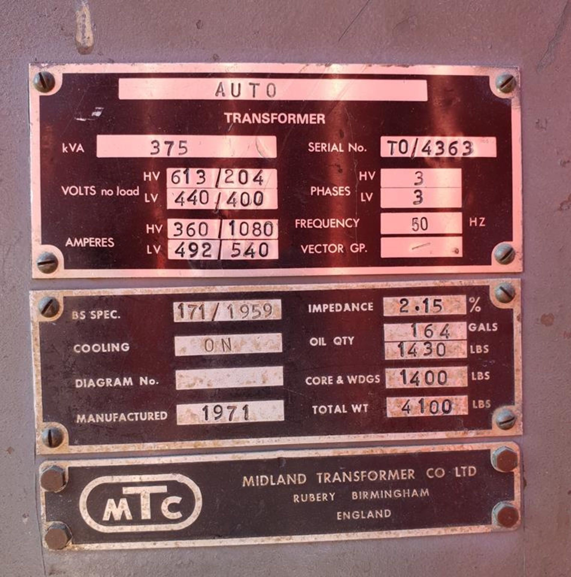 * A 1971 MTC 375KVA Transformer, s/n TO/4363; 3 phase; 50Hz. - Image 3 of 4
