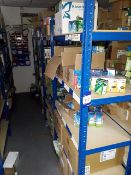 4 bays of racking and contents to include quantity of tube lighting, lightbulbs and ceiling lights