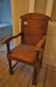 * 2 x Antique Oak Arm Chair inscribed 1668. This lot is located in Bedroom Carter