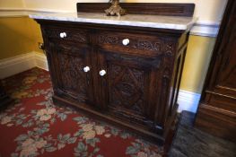 * Ornate Marble Topped Mahogany Double Drawer/Double Cupboard Cabinet. This lot is located in the