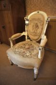 * Antique effect Queen Anne Style Upholstered Chair. This lot is located in Bedroom Lee